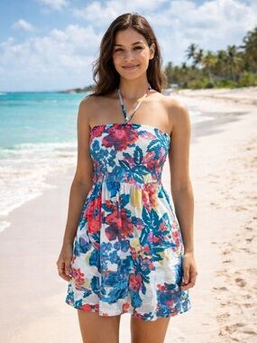 aerie White Floral Smocked Mini Dress with Blue and Pink Print